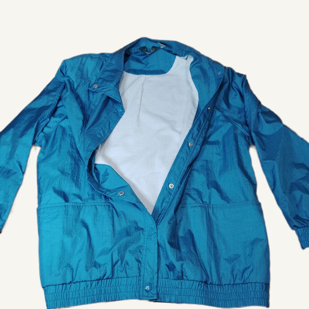 Haband L Teal Blue Nylon Windbreaker Jacket Full Zip Snap Lightweight